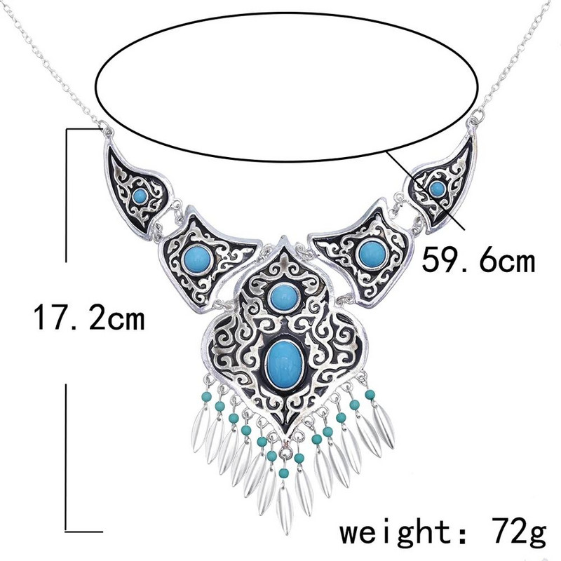 Boemia, vintage, albastru, piatră acrilică, margele, ciucuri, colier, cercei, pentru femei, India, țigan, boho, set de bijuterii etnice africane