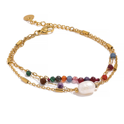 Yhpup estetinė vintažinė grandinėlė natūralaus akmens perlų sluoksniuota spalvinga karoliai apyrankė iš nerūdijančio plieno mados žavesio papuošalai moterims