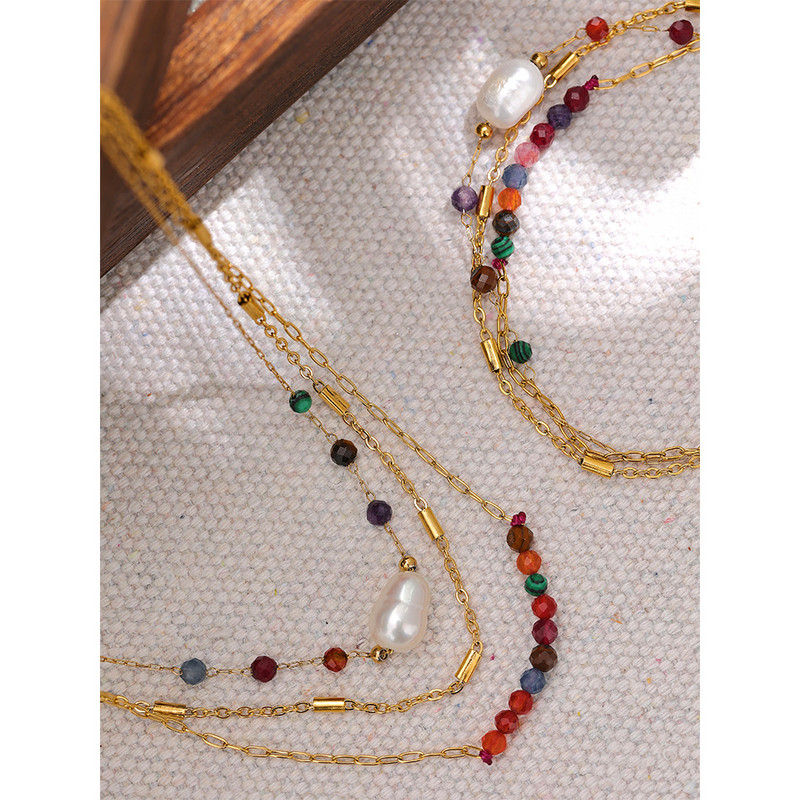Yhpup estetinė vintažinė grandinėlė natūralaus akmens perlų sluoksniuota spalvinga karoliai apyrankė iš nerūdijančio plieno mados žavesio papuošalai moterims