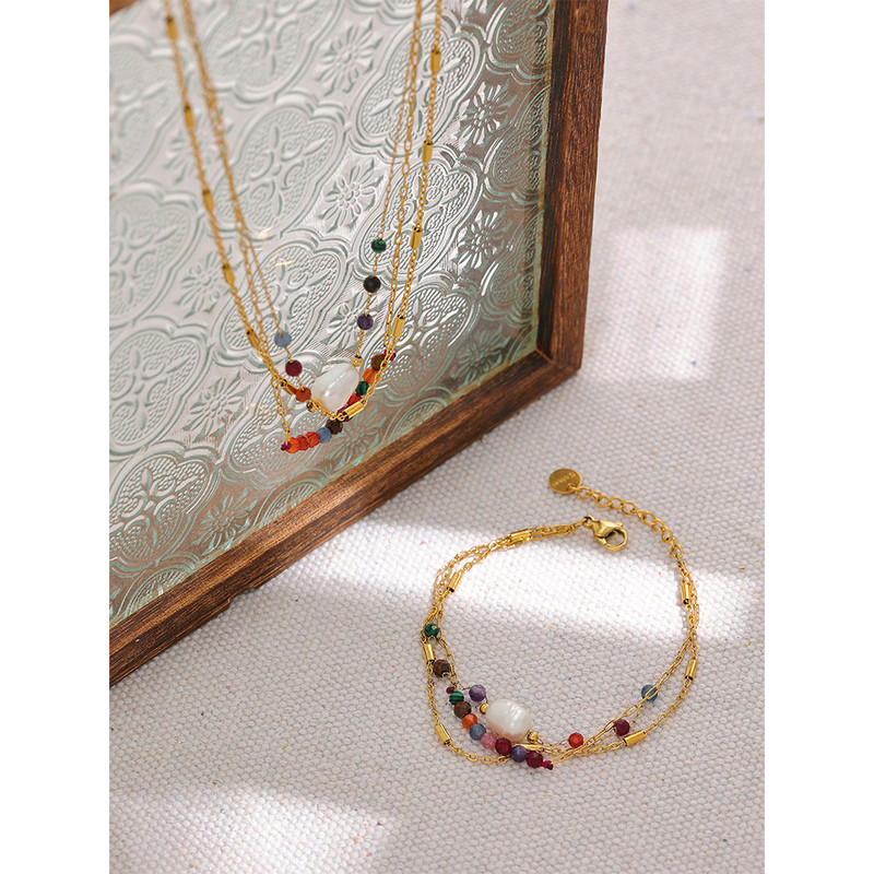 Yhpup estetinė vintažinė grandinėlė natūralaus akmens perlų sluoksniuota spalvinga karoliai apyrankė iš nerūdijančio plieno mados žavesio papuošalai moterims