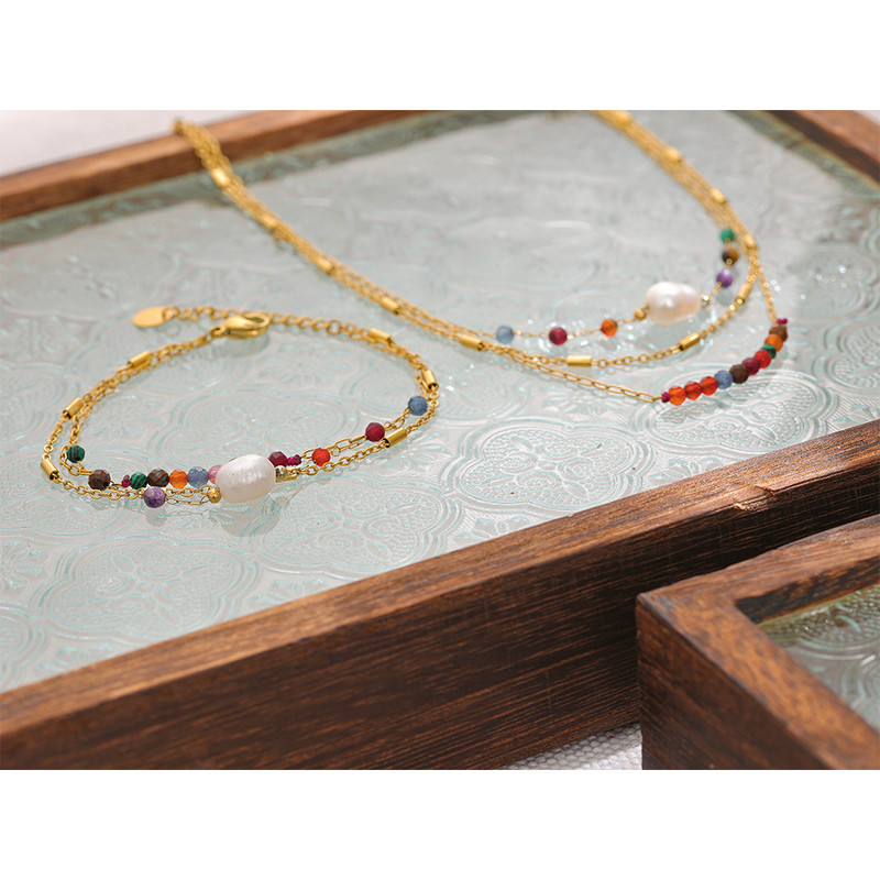 Yhpup estetinė vintažinė grandinėlė natūralaus akmens perlų sluoksniuota spalvinga karoliai apyrankė iš nerūdijančio plieno mados žavesio papuošalai moterims