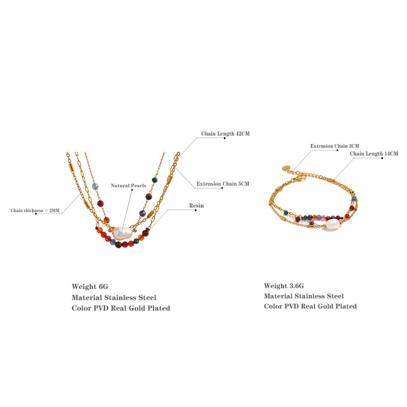 Yhpup estetinė vintažinė grandinėlė natūralaus akmens perlų sluoksniuota spalvinga karoliai apyrankė iš nerūdijančio plieno mados žavesio papuošalai moterims