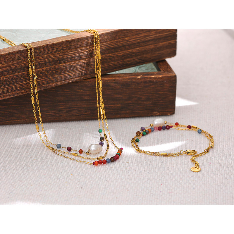 Yhpup estetinė vintažinė grandinėlė natūralaus akmens perlų sluoksniuota spalvinga karoliai apyrankė iš nerūdijančio plieno mados žavesio papuošalai moterims