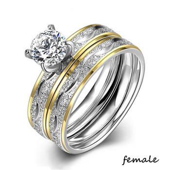 Двойка пръстени - Дамски изящни кристали Циркониеви пръстени Комплект прости мъжки пръстени от неръждаема стомана Модни бижута за любовници Подаръци