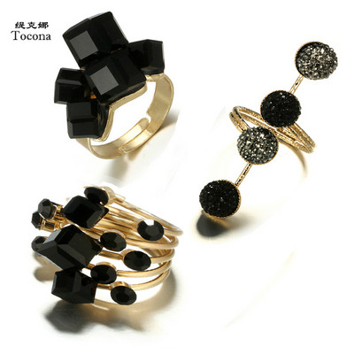 Tocona Punk Antique Black Crystal Stone Otváracie krúžky Sada pre ženy a mužov Nastaviteľné gotické párty šperky kruhy