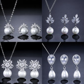 JUNZI Fashion Simulat Pearl Stud Cercei Set Colier Charm Zircon Bijuterii pentru femei de culoare argintie Mireasa Accesorii de nunta