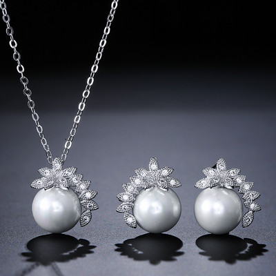JUNZI Fashion Simulat Pearl Stud Cercei Set Colier Charm Zircon Bijuterii pentru femei de culoare argintie Mireasa Accesorii de nunta