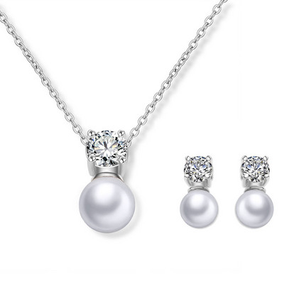 JUNZI Fashion Simulat Pearl Stud Cercei Set Colier Charm Zircon Bijuterii pentru femei de culoare argintie Mireasa Accesorii de nunta