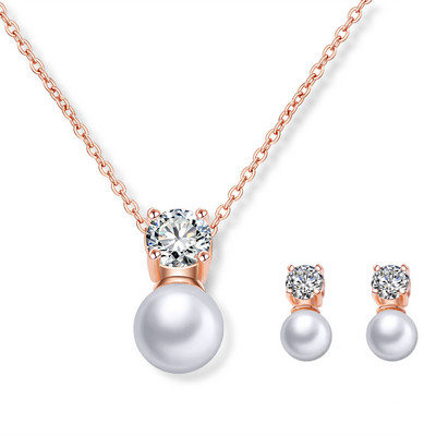 JUNZI Fashion Simulat Pearl Stud Cercei Set Colier Charm Zircon Bijuterii pentru femei de culoare argintie Mireasa Accesorii de nunta