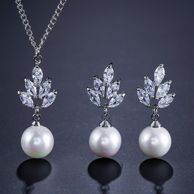 JUNZI Fashion Simulat Pearl Stud Cercei Set Colier Charm Zircon Bijuterii pentru femei de culoare argintie Mireasa Accesorii de nunta