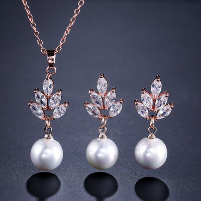 JUNZI Fashion Simulat Pearl Stud Cercei Set Colier Charm Zircon Bijuterii pentru femei de culoare argintie Mireasa Accesorii de nunta