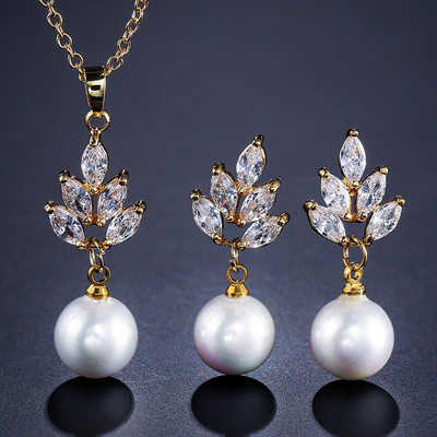 JUNZI Fashion Simulat Pearl Stud Cercei Set Colier Charm Zircon Bijuterii pentru femei de culoare argintie Mireasa Accesorii de nunta
