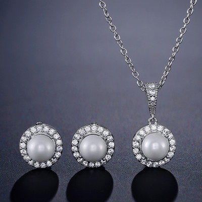 JUNZI Fashion Simulat Pearl Stud Cercei Set Colier Charm Zircon Bijuterii pentru femei de culoare argintie Mireasa Accesorii de nunta