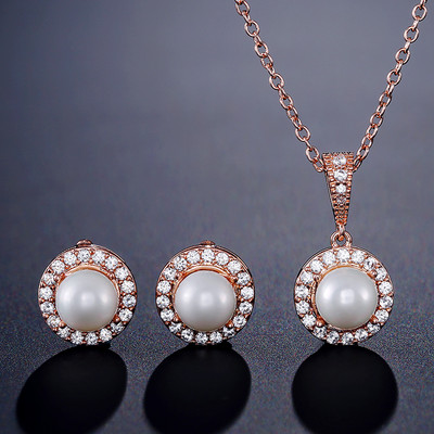 JUNZI Fashion Simulat Pearl Stud Cercei Set Colier Charm Zircon Bijuterii pentru femei de culoare argintie Mireasa Accesorii de nunta