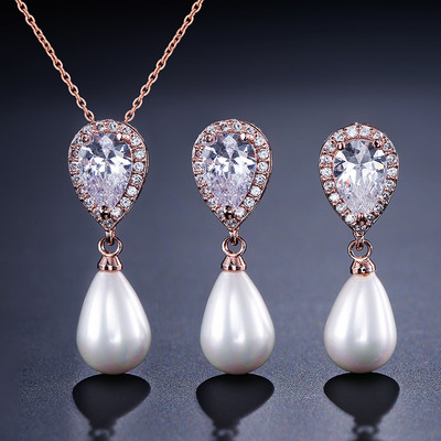 JUNZI Fashion Simulat Pearl Stud Cercei Set Colier Charm Zircon Bijuterii pentru femei de culoare argintie Mireasa Accesorii de nunta