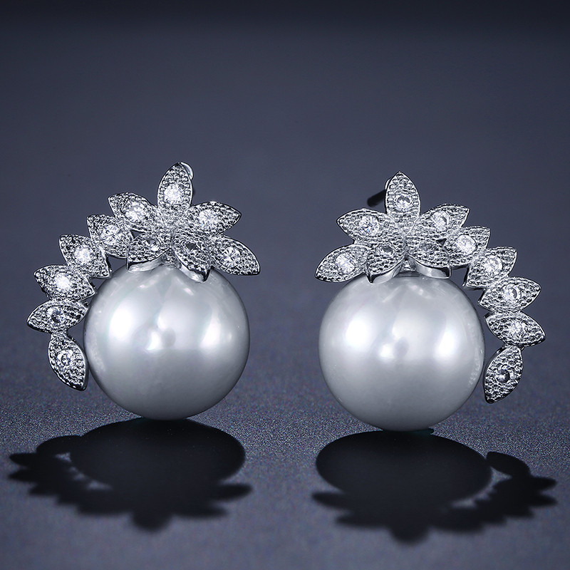 JUNZI Fashion Simulat Pearl Stud Cercei Set Colier Charm Zircon Bijuterii pentru femei de culoare argintie Mireasa Accesorii de nunta