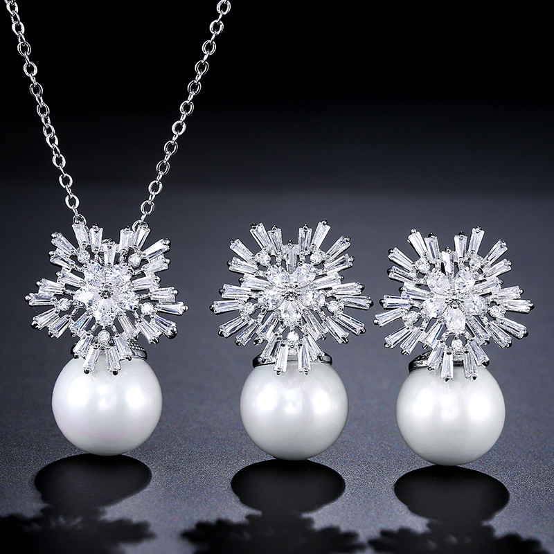 JUNZI Fashion Simulat Pearl Stud Cercei Set Colier Charm Zircon Bijuterii pentru femei de culoare argintie Mireasa Accesorii de nunta