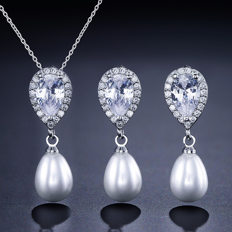 JUNZI Fashion Simulat Pearl Stud Cercei Set Colier Charm Zircon Bijuterii pentru femei de culoare argintie Mireasa Accesorii de nunta