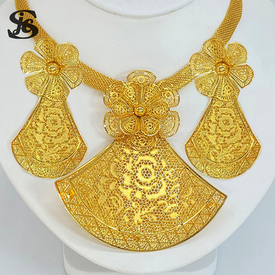 Dubajaus madingų papuošalų rinkinys, 24K paauksuotas gėlių formos variniai auskarai, karoliai moterims, vestuvių vakarėlio jubiliejaus dovana