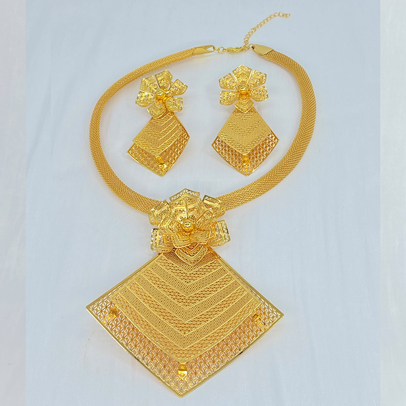 Dubajaus madingų papuošalų rinkinys, 24K paauksuotas gėlių formos variniai auskarai, karoliai moterims, vestuvių vakarėlio jubiliejaus dovana