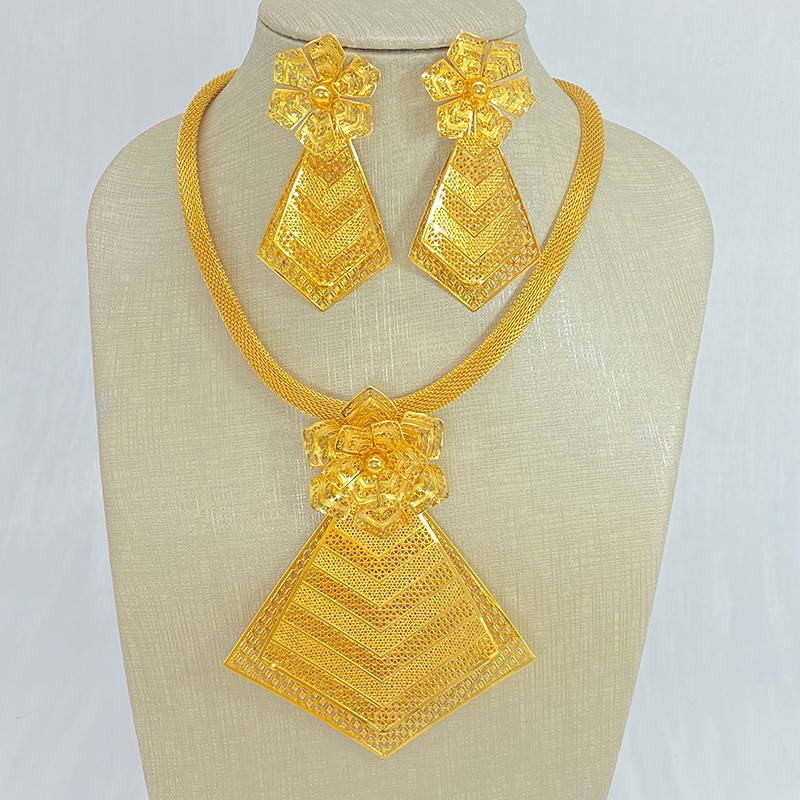 Dubajaus madingų papuošalų rinkinys, 24K paauksuotas gėlių formos variniai auskarai, karoliai moterims, vestuvių vakarėlio jubiliejaus dovana