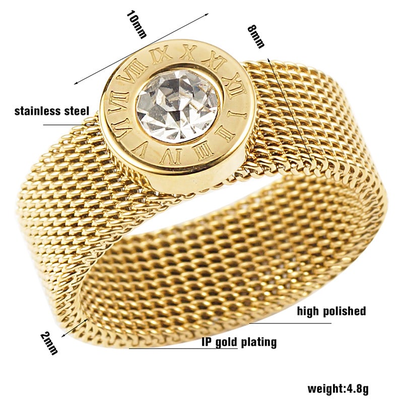 Inel din oțel inoxidabil de culoare aurie Inel mare rotund din plasă de cristal Inel cu numere romane Inel rotund din titan pentru femei bărbați