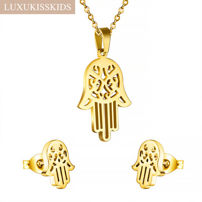 LUXUKISSKIDS Комплекти бижута с животни и котки Неръждаема стомана 316L Hamsa Ръчна огърлица за жени/момичета Дубай Комплекти бижута с индийски африкански произход