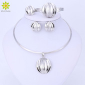 Set de bijuterii Dubai, bile, pandantiv, colier, cercei, bratara, inel, culoare argintie, set de bijuterii, accesorii de nunta pentru femei