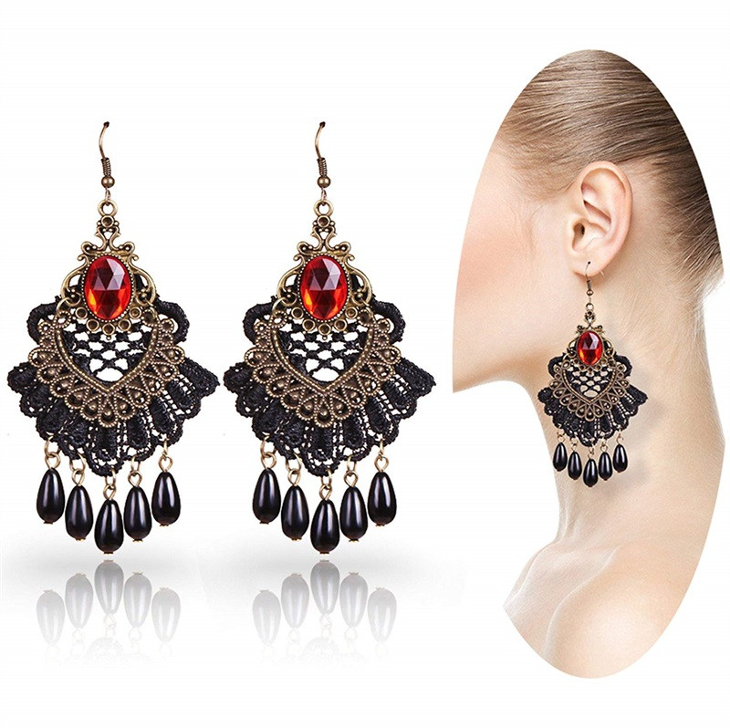 YiYaoFa Set de bijuterii exagerate lucrate manual Bijuterii gotice Colier și cercei din dantelă neagră Accesorii pentru femei Bijuterii de petrecere FYS-04