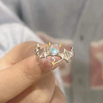 2022 Нови пръстени за двойка Ангел Дявол Лунен камък Сребърен цветен пръстен за жени Мъже Отваряне Регулируем пръстен за влюбени Бижута Подарък