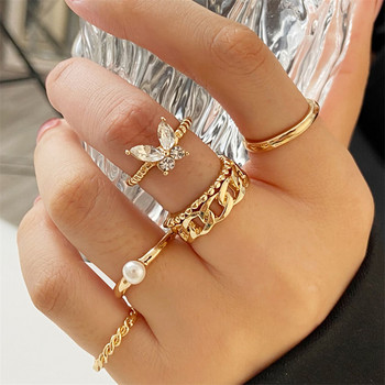 5 бр./10 бр. Комплект пръстени с цветя от имитация на перлени листа за жени, пръстен с пеперуда от кристали, метален пръстен с кокалче на пръста Бижута