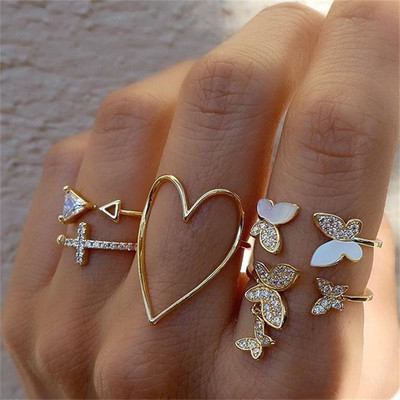 5 buc/10 buc set de inele de flori din frunze de perle de imitație pentru femei, inel de deget fluture cu strass, bijuterii din metal pentru degete