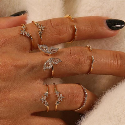 5 buc/10 buc set de inele de flori din frunze de perle de imitație pentru femei, inel de deget fluture cu strass, bijuterii din metal pentru degete