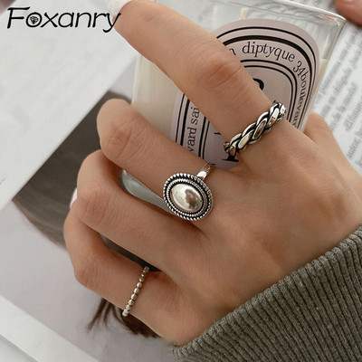 FOXANRY Sudraba krāsa Gredzeni Pāri Aksesuāri INS Mode Vintage Twist dizains Apaļa forma Ģeometriski Taizemes sudraba rotaslietas