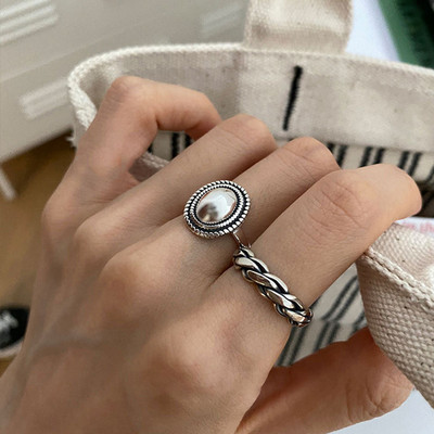 FOXANRY Inele de culoare argintie Accesorii pentru cupluri INS Fashion Vintage Twist Design Formă rotundă Geometrică Thai Bijuterii din argint