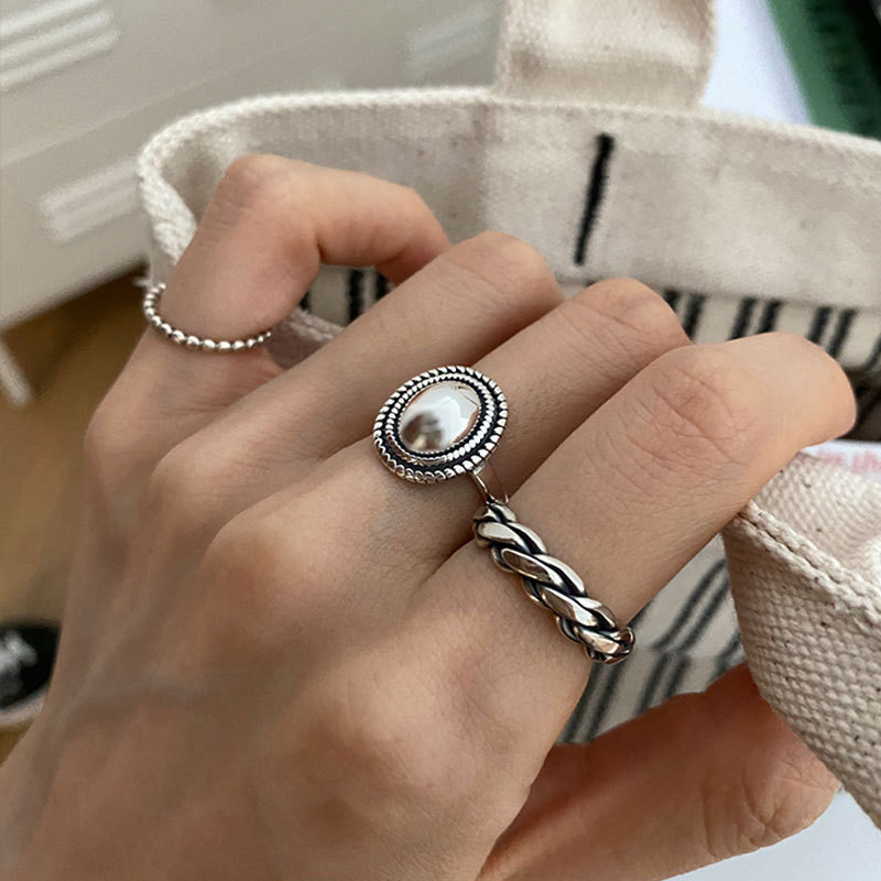 FOXANRY Inele de culoare argintie Accesorii pentru cupluri INS Fashion Vintage Twist Design Formă rotundă Geometrică Thai Bijuterii din argint