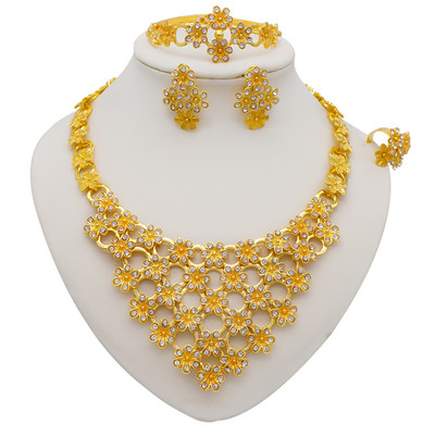 Seturi de bijuterii de culoare aurie pentru femei Colier Cercei Dubai African Indian Mireasa Accesorii flori Seturi de bijuterii Colier
