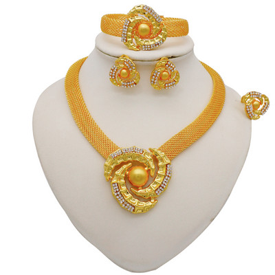 Seturi de bijuterii de culoare aurie pentru femei Colier Cercei Dubai African Indian Mireasa Accesorii flori Seturi de bijuterii Colier