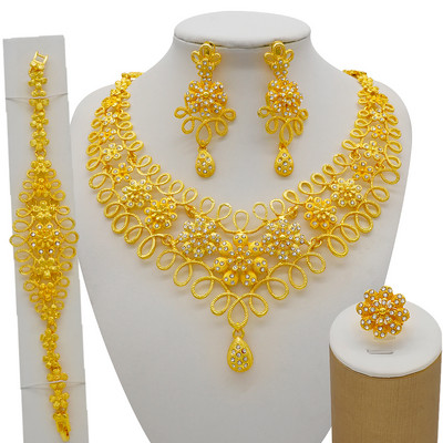 Seturi de bijuterii de culoare aurie pentru femei Colier Cercei Dubai African Indian Mireasa Accesorii flori Seturi de bijuterii Colier