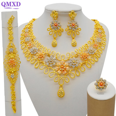 Seturi de bijuterii de culoare aurie pentru femei Colier Cercei Dubai African Indian Mireasa Accesorii flori Seturi de bijuterii Colier