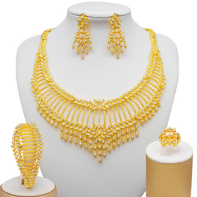 Seturi de bijuterii de culoare aurie pentru femei Colier Cercei Dubai African Indian Mireasa Accesorii flori Seturi de bijuterii Colier