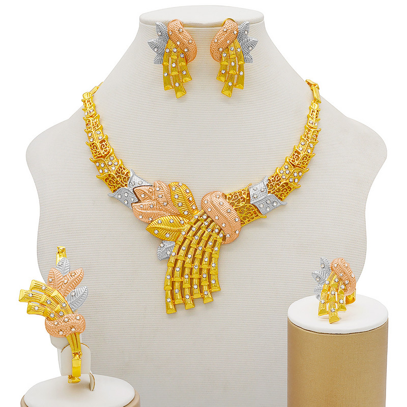 Seturi de bijuterii de culoare aurie pentru femei Colier Cercei Dubai African Indian Mireasa Accesorii flori Seturi de bijuterii Colier