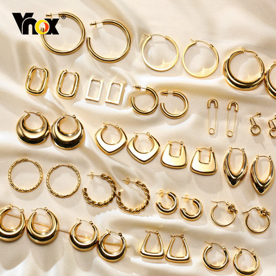 Vnox Минималистични метални обеци с халки за жени, златист цвят от неръждаема стомана Chic Lady Girl Circle Earrings, Vintage Party Jewelry