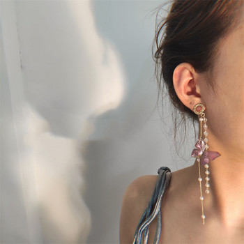Корейски Темперамент Дълги Пискюли Пеперуда Капкови Обеци Елегантни Перлени Кристални Висящи Дамски Обеци Модни Бижута Парти Подарък