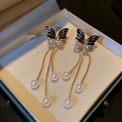 Koreai temperamentum hosszú bojt pillangó csepp fülbevaló elegáns gyöngykristály lógó női fülbevaló divat ékszer parti ajándék