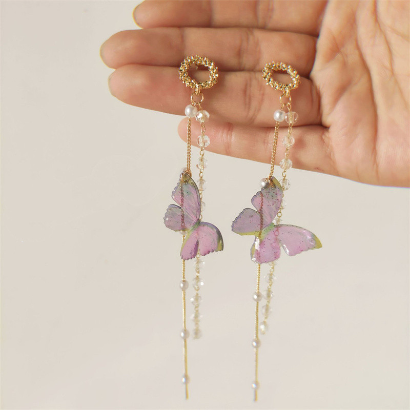 Koreai temperamentum hosszú bojt pillangó csepp fülbevaló elegáns gyöngykristály lógó női fülbevaló divat ékszer parti ajándék