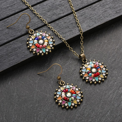 Seturi de bijuterii cu margele colorate Boho pentru femei, de epocă, din aliaj de culoare auriu, colier cu flori, pandantiv, seturi de cercei, bijuterii de nuntă de mireasă