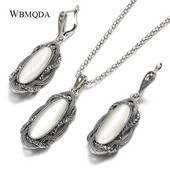 Wbmqda fierbinte boemă mare opal cercei piatră colier seturi de bijuterii boho cercei vintage tibetan argint negru cristal pentru femei