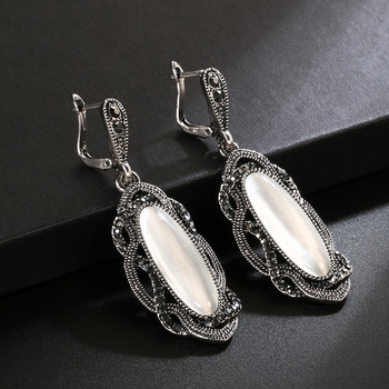 Wbmqda Hot Bohemian Big Opal Stone Earrings Колие Boho Jewelry Sets Vintage Tibetan Silver Black Crystal Обеци за жени