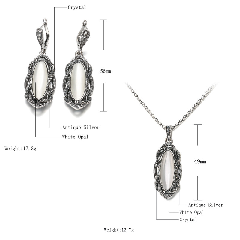 Wbmqda fierbinte boemă mare opal cercei piatră colier seturi de bijuterii boho cercei vintage tibetan argint negru cristal pentru femei
